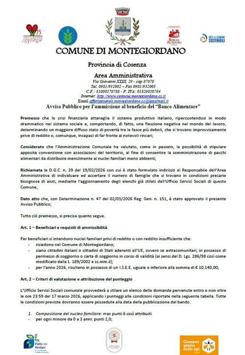 Avviso Pubblico per lammissione al beneficio del "Banco Alimentare"